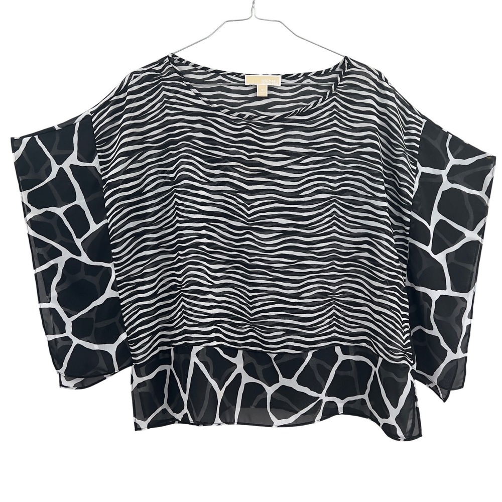 Michael‎ Kors Black White Giraffe Zebra Kimono Sleeve Flutter Top Blouse L XL